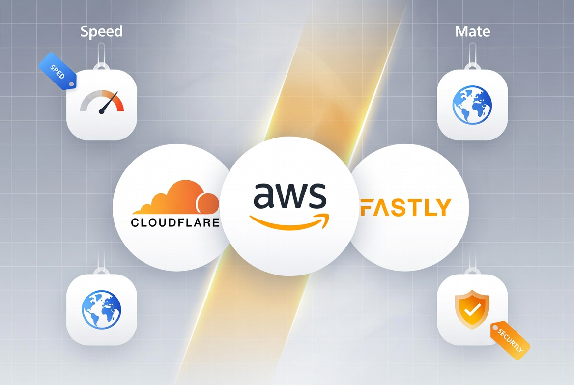 CDN comparison showing Cloudflare, AWS CloudFront, and Fastly logos with performance benchmarks and network maps