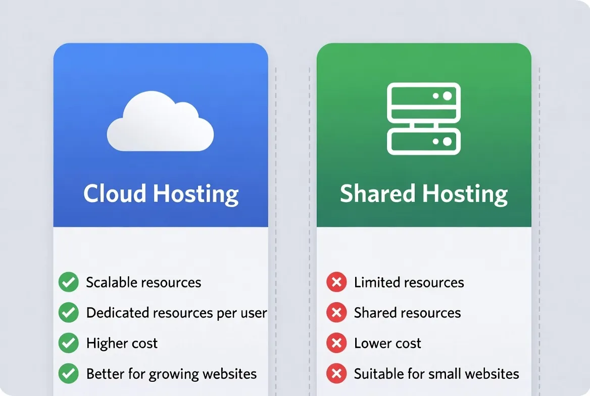 Cloud hosting vs shared hosting architecture diagram comparing scalability, resource allocation, and server infrastructure