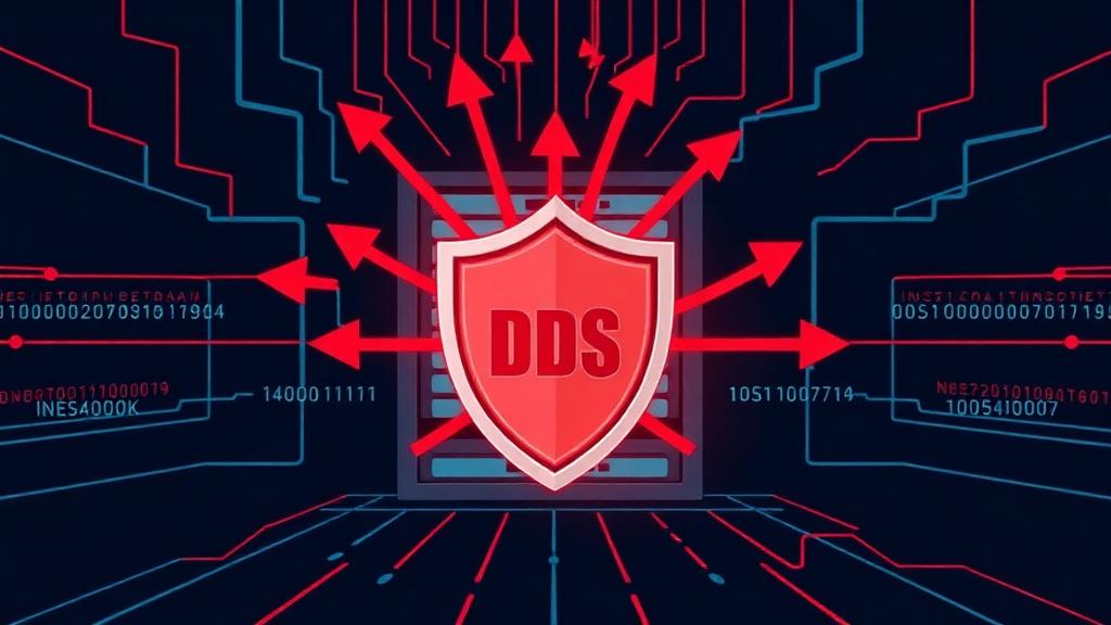DDoS attack protection diagram showing a digital shield deflecting malicious traffic, with server infrastructure protected behind multiple security layers