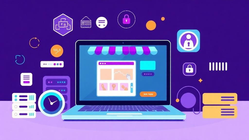 eCommerce hosting comparison showing an online store with shopping cart, server infrastructure, SSL security icons, and performance metrics
