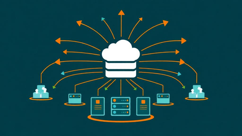 Load balancing concept showing a central load balancer distributing traffic arrows to multiple backend servers in a network topology