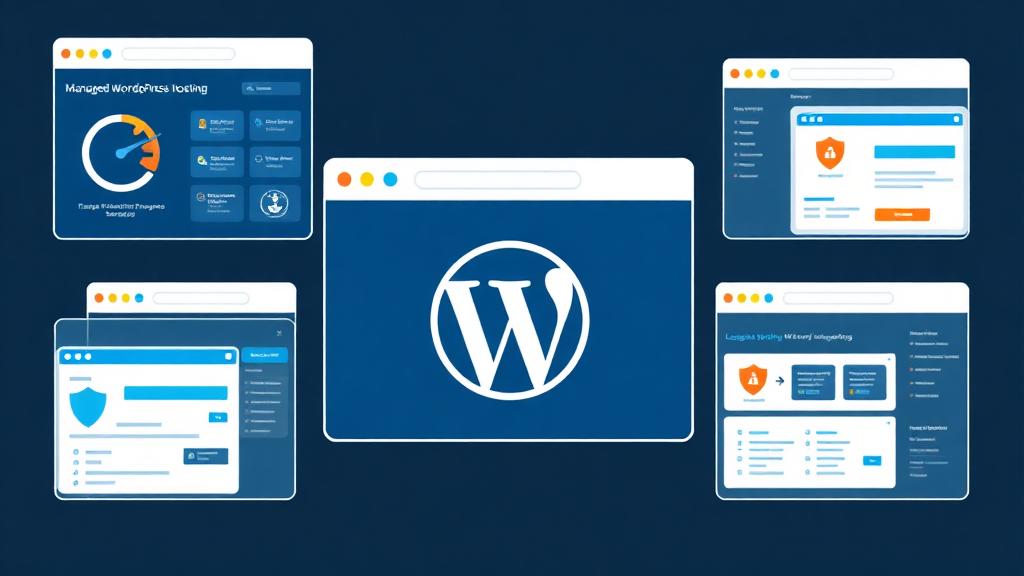 Managed WordPress hosting providers comparison showing WordPress dashboards with speed metrics, automatic updates, and security features