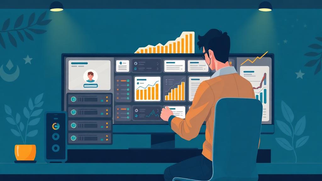 Reseller hosting business concept showing an entrepreneur managing multiple client hosting accounts on a dashboard with server racks