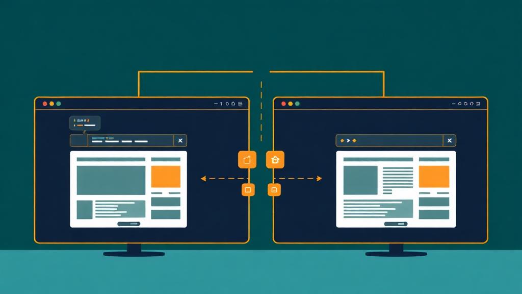 Website staging environment concept showing split screen with development and production websites side by side with deployment pipeline