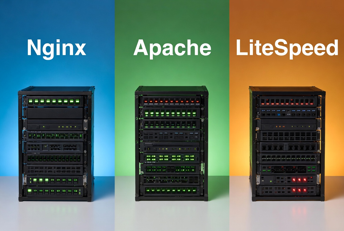 Web server benchmark comparison showing Nginx, Apache, and LiteSpeed performance metrics including requests per second, response times, and memory usage