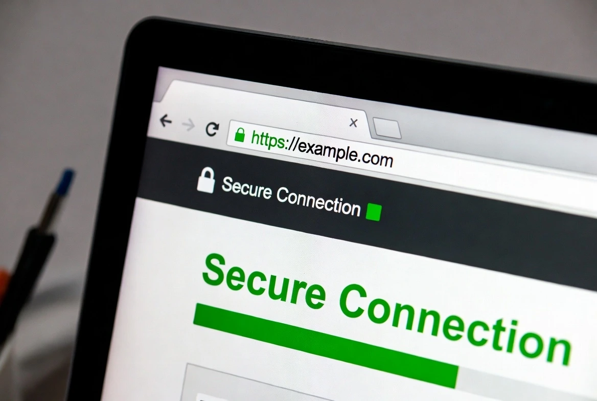 SSL certificate padlock icon with HTTPS browser bar demonstrating secure website encryption and trust indicators